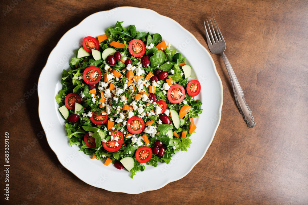 Salad plate on the table, Medium shot, Top View. Generative AI Salad plate on the table, Medium shot, Top View. Generative AI