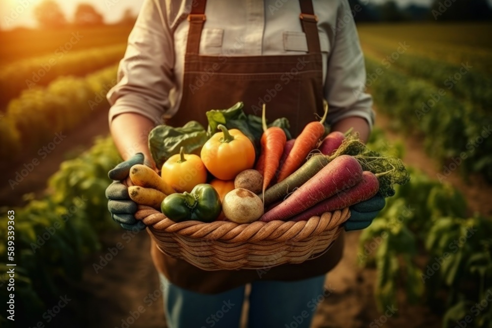 harvesting, farmer holds basket of harvested vegetables against the background of farm. AI generated, human enhanced - obrazy, fototapety, plakaty 