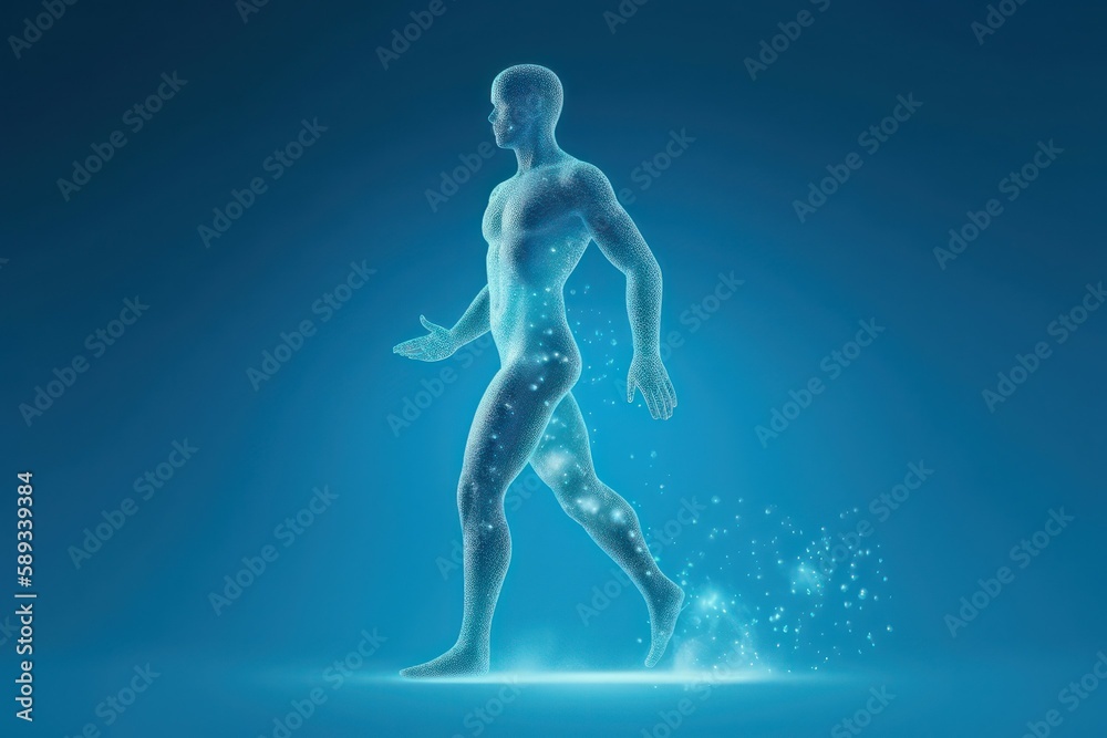 Human body shape of a running man filled with blue water, wellness concept. AI generated, human enhanced Human body shape of a running man filled with blue water, wellness concept. AI generated, human enhanced