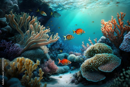 Coral reef in the sea with fish. AI generated, human enhanced. Background with selective focus