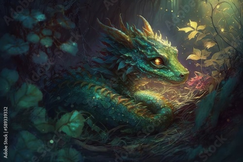 Beautiful dragon in the night forest, selective focus. AI generated, human enhanced © top images