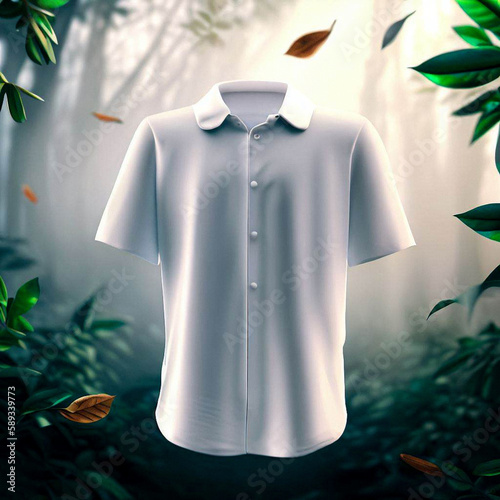 shirt floating in the middle of a forest with leaves invading the image