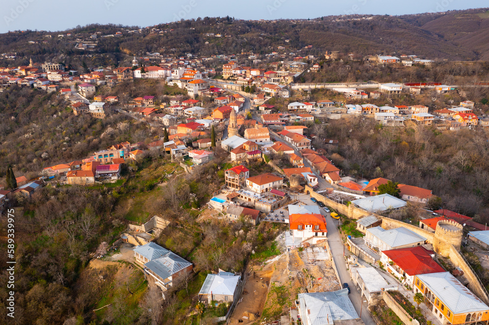 Aerial view of the small tourist town of Sighnaghi, located on a high hill in the center of the Alazani Valley, Georgia