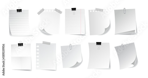 White papers set. Collection of graphic elements for website. Place for notes, organization of work and study process. Memo and notepad. Realistic 3d vector illustrations isolated on white background