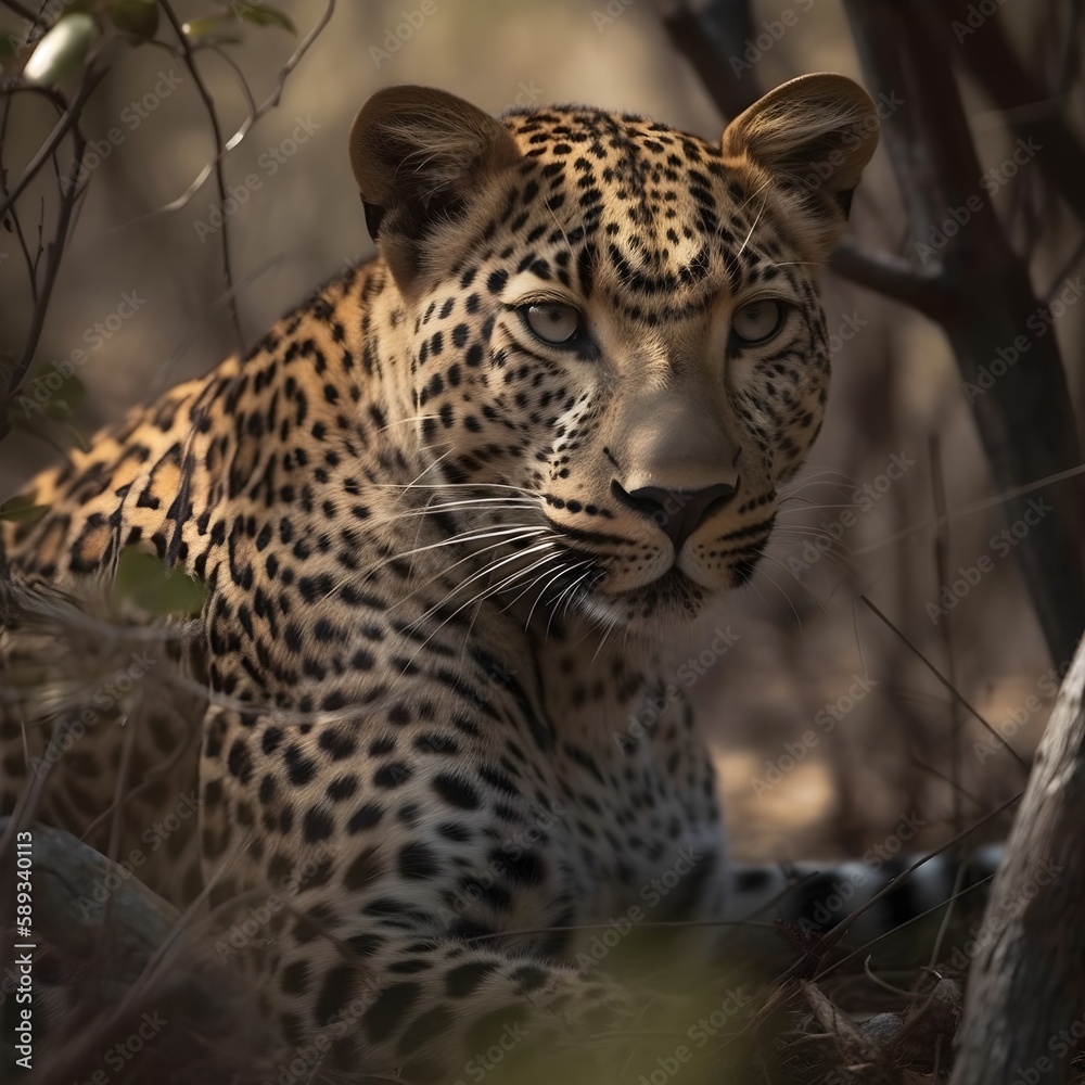 Fototapeta premium 4k x 4k - This amazing photo features a leopard, staring directly into the camera lens. Its beautiful fur has an intense spotted texture, which is characteristic of this species of predators. The leop