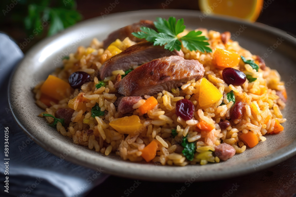 Arroz de Pato - A Rich and Flavorful Duck Rice Dish. Generative Ai