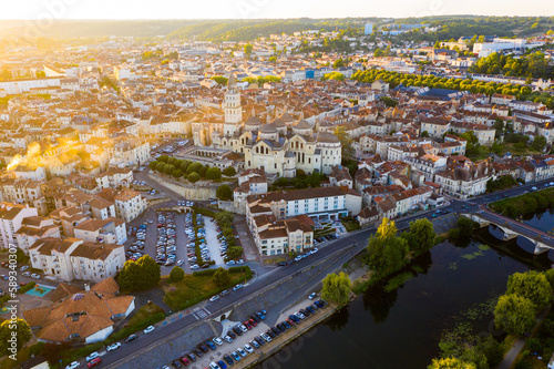 Aerial view of the city of Perigueux and the Ile river at sunset. France