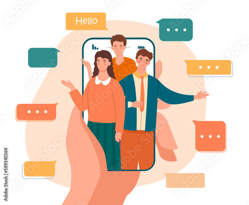 Chat messaging concept. Hand holds smartphone with avatar of men and women. Video conference and call, virtual meeting. Social networks and instant messengers. Cartoon flat vector illustration