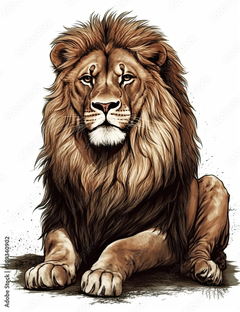 Obraz premium Lion Illustration, realistic, graphical resource for logo design, posters, t shirts, graphic design. Generative AI