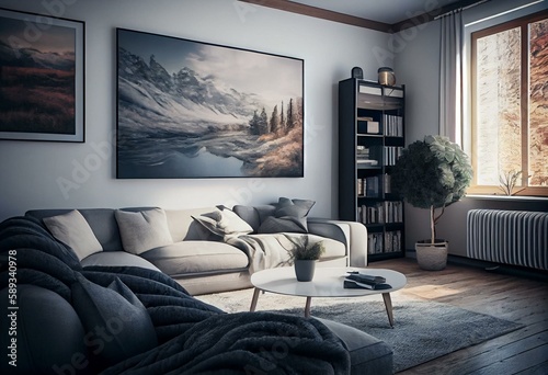 Interior house design. Interior of a living room in apartments. Room with a painting on wall. Home interior design in residential house room. Real estate, house building renovation. AI. Generative AI