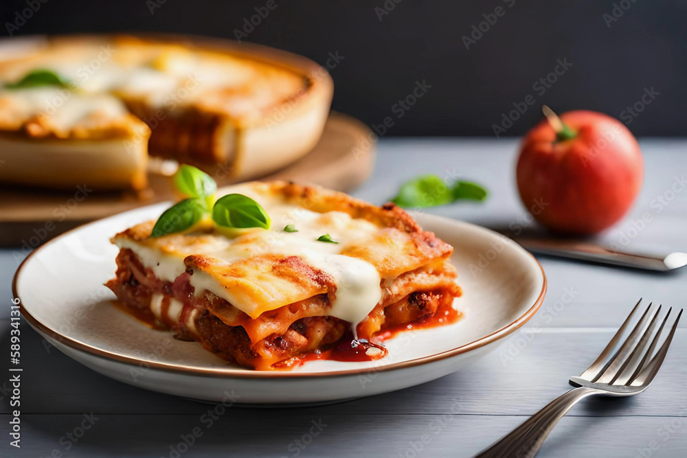 lasagna dish served on a plate using a clean background, created with generative AI technology