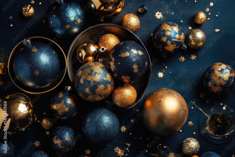 Elegant Gold Christmas Decorations on Dark Blue Table. Generative Ai Elegant Gold Christmas Decorations on Dark Blue Table. Generative Ai