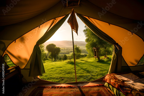 View from inside of hikers tourist tent in mountains. Generative AI