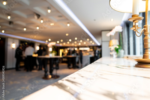 Environment of the marble counter surface with An elegant lamp placed in the hotel lobby for a business networking period.