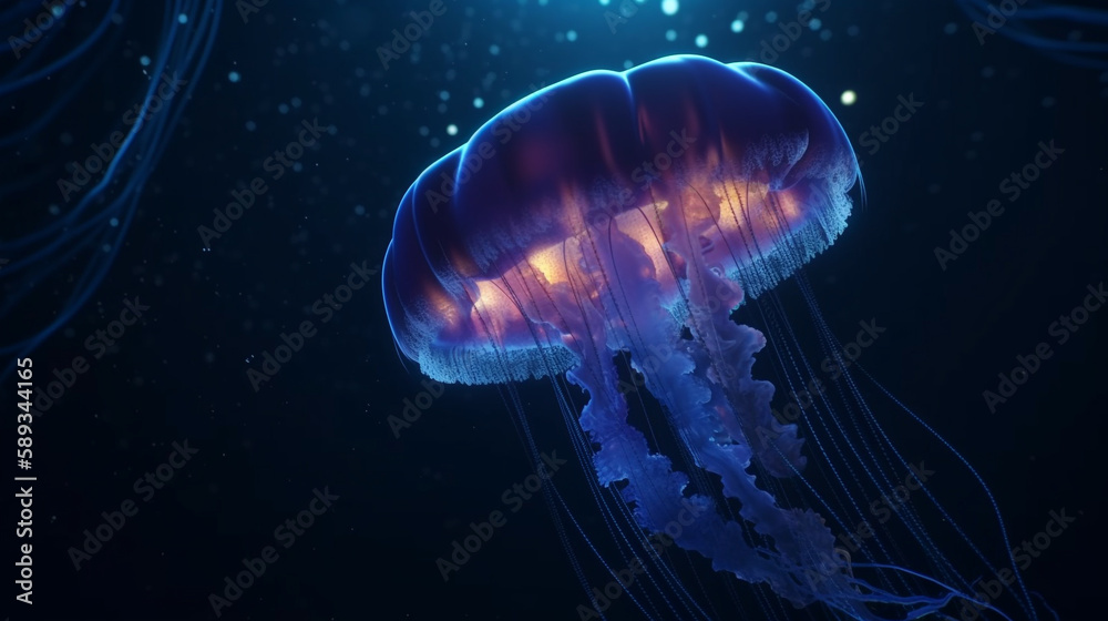 Glowing jellyfish swim deep in blue sea cosmos. Medusa neon jellyfish fantasy in space cosmos