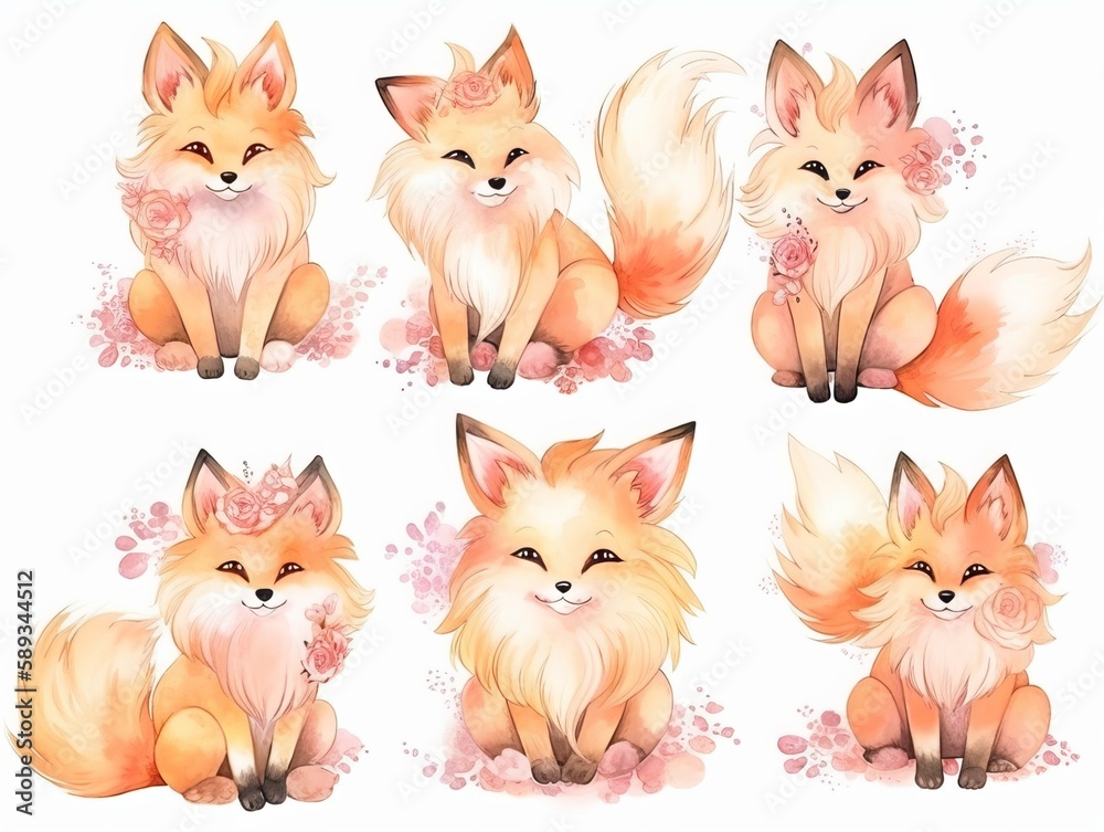 Set of cute, adorable, kawaii fox cartoon, suitable for sticker, clipart, tshirt design. Generative ai