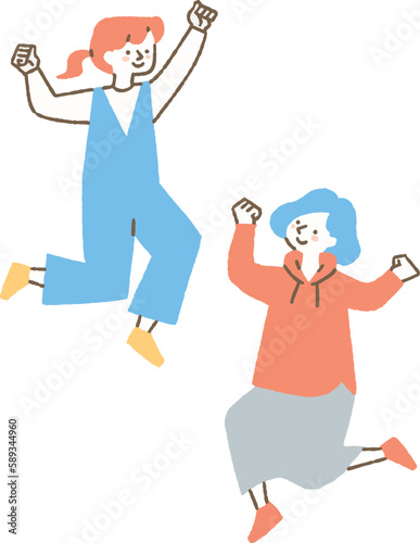 嬉しくてジャンプをしている女性二人_色