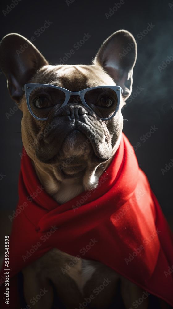 super hero french bulldog dog with red cape and sunglasses for justice and strength