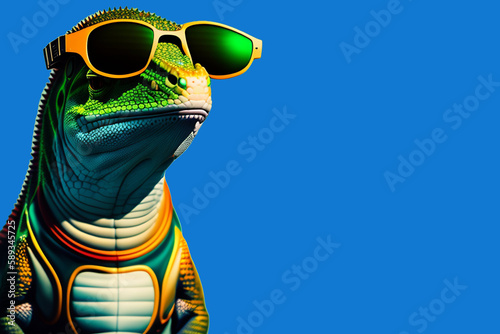 A green lizard wearing a mask and sunglasses on a blue background.