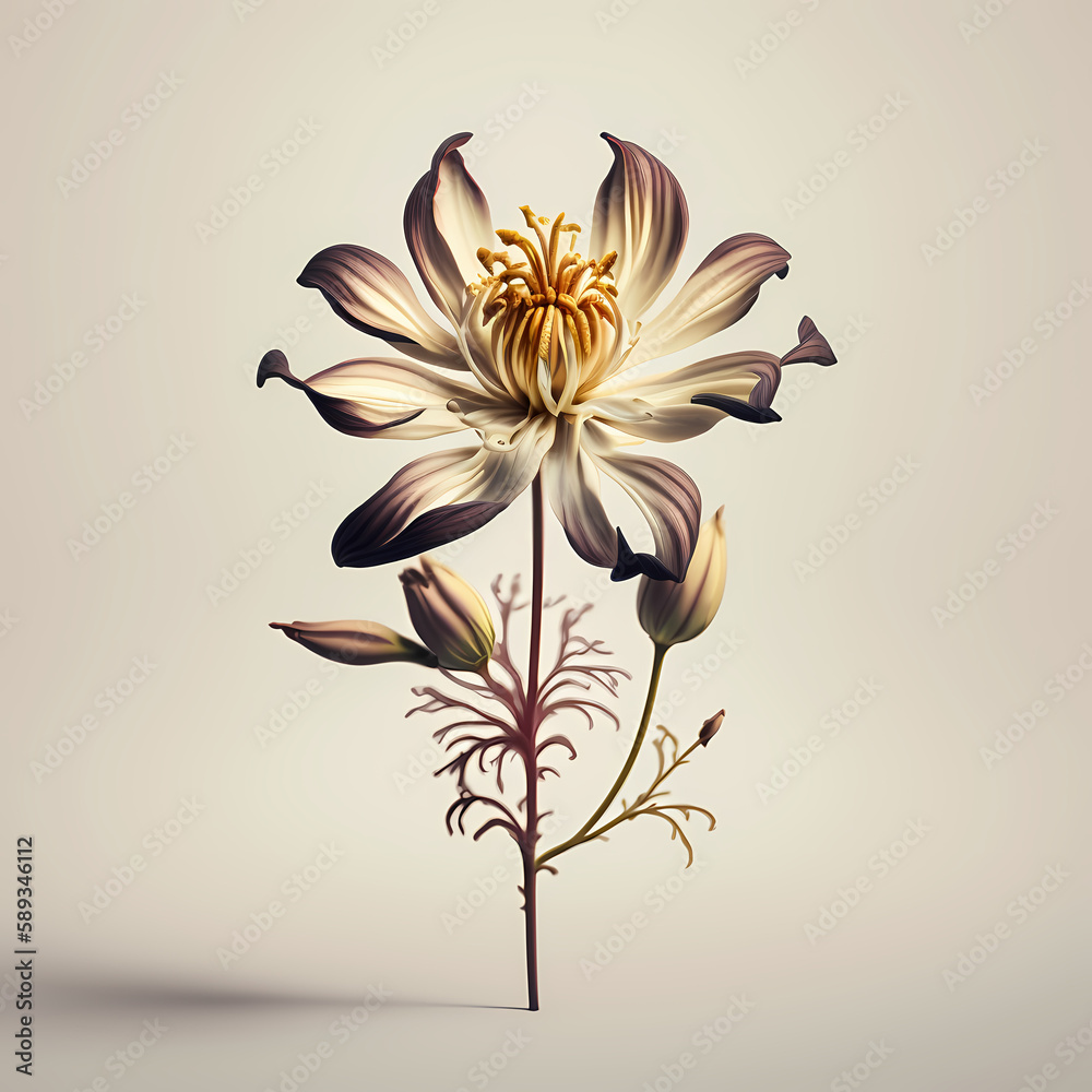 una flor aislada abierta mostrando sus pistilos con polen con fondo blanco y limpio con IA generativa - obrazy, fototapety, plakaty 