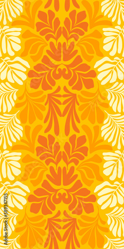 Yellow orange abstract background with tropical palm leaves in Matisse style. Vector seamless pattern with Scandinavian cut out elements.