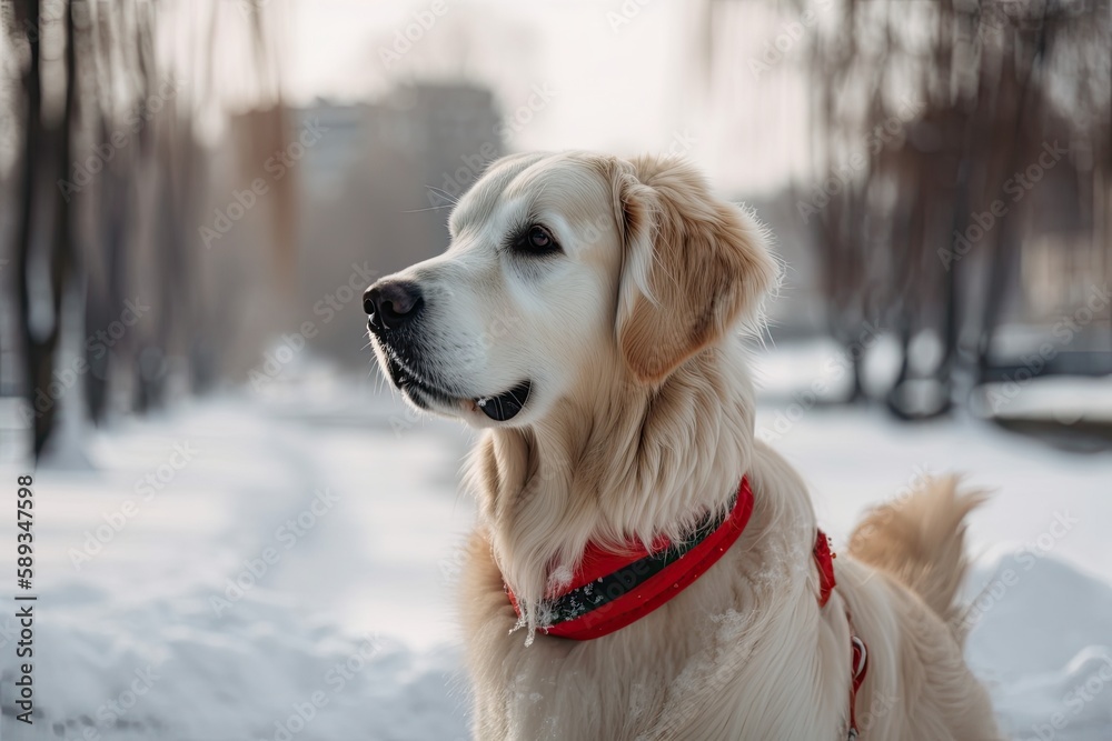 Cute Golden Retriever and Friends Enjoy a Winter Day Out in the Park: Generative AI