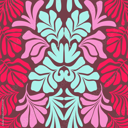 Pink blue abstract background with tropical palm leaves in Matisse style. Vector seamless pattern with Scandinavian cut out elements.