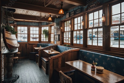 A Nautical Maritime Aesthetic in a Seafood Dining Eatery - Blue Wooden Interior Decorated With Ship Decor and Tables by the Window. Generative AI