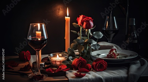 A Romantic Candlelight Dinner for Two: Celebrate Love with Roses and Wine: Generative AI