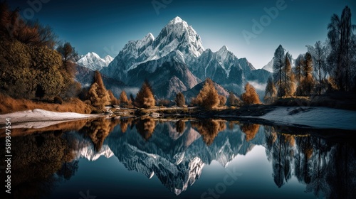 A Scenic Profusion of Nature: Snow-capped Mountain with Reflection in a Serene Lake: Generative AI © AIGen