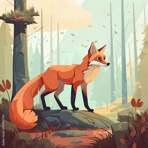 Cute Red Fox Enjoying Nature in the Forest: A Wildlife Cartoon Mammal with Fur Illustration: Generative AI