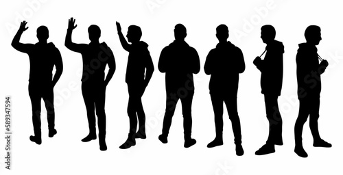vector set of silhouettes of men standing in several different side slides and gestures 