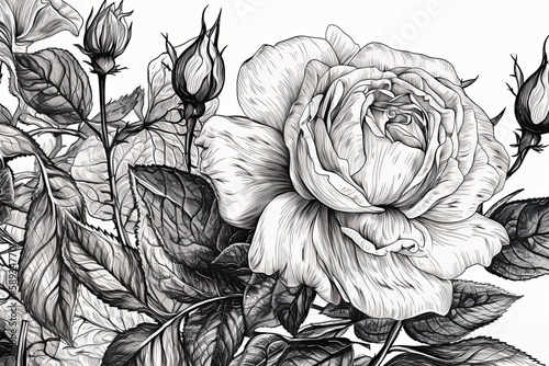 Vintage Engraved Black-and-White Rose with Leaves and Thorns: A Floral Illustration Wallpaper, Generative AI