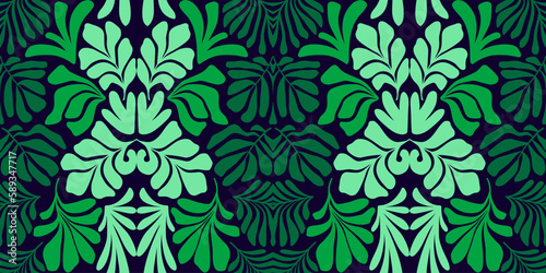 Green gradient abstract background with tropical palm leaves in Matisse style. Vector seamless pattern with Scandinavian cut out elements.