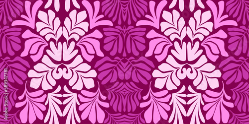 Purple pink abstract background with tropical palm leaves in Matisse style. Vector seamless pattern with Scandinavian cut out elements.