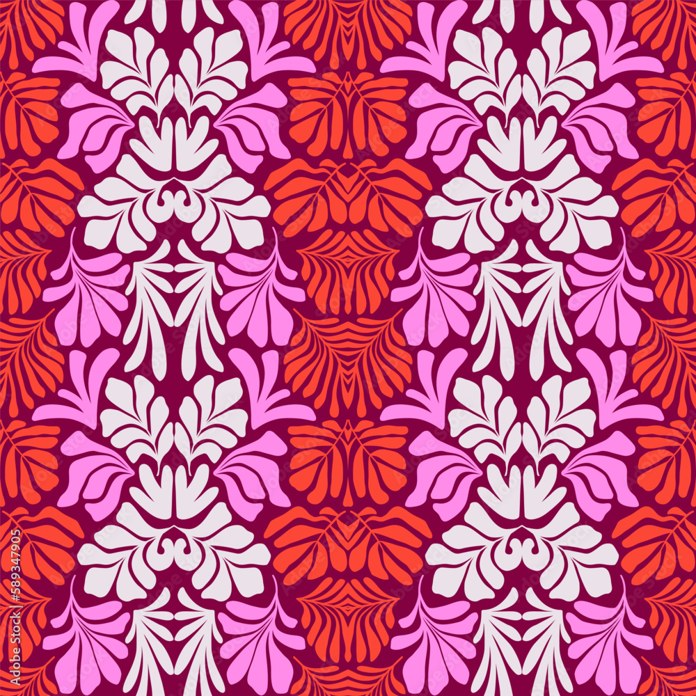 Fototapeta premium Red pink abstract background with tropical palm leaves in Matisse style. Vector seamless pattern with Scandinavian cut out elements.