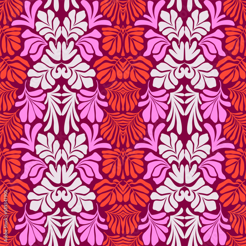 Red pink abstract background with tropical palm leaves in Matisse style. Vector seamless pattern with Scandinavian cut out elements.