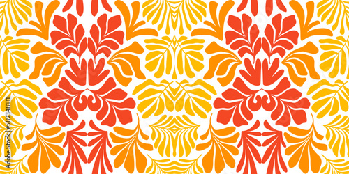 Orange yellow abstract background with tropical palm leaves in Matisse style. Vector seamless pattern with Scandinavian cut out elements.