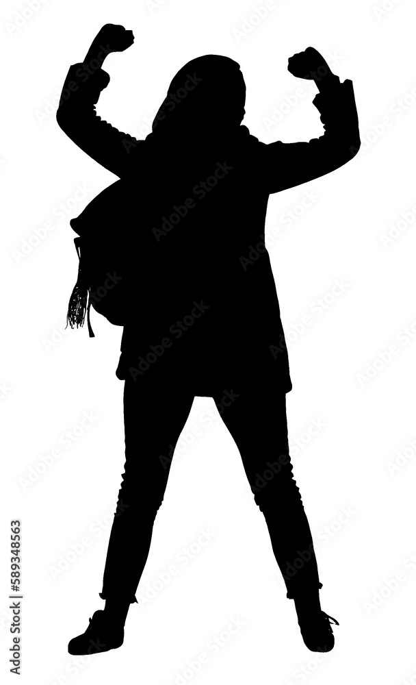Silhouette of an Angry Female Protester with Backpack and Fists in the air Silhouette of an Angry Female Protester with Backpack and Fists in the air