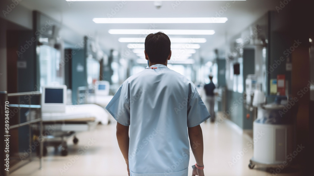 Rear view of a male nurse standing in corridor at hospital., Generative Ai Rear view of a male nurse standing in corridor at hospital., Generative Ai