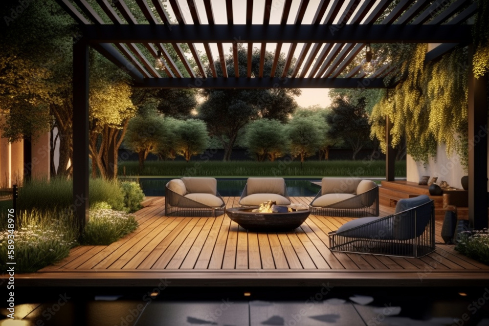  Outdoor patio in the garden at night, Generative Ai