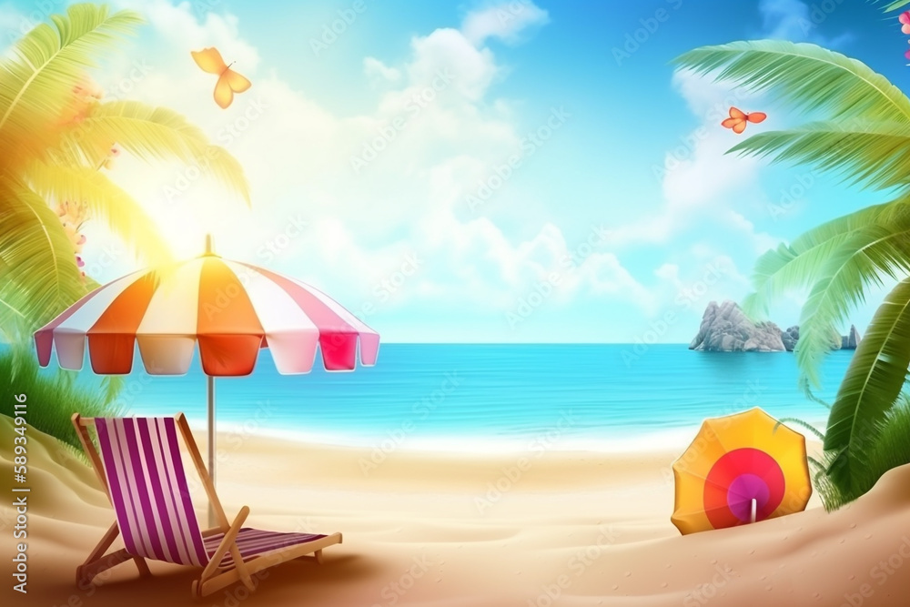 Beach chair and umbrella on the sand with palm tree background, Generative Ai