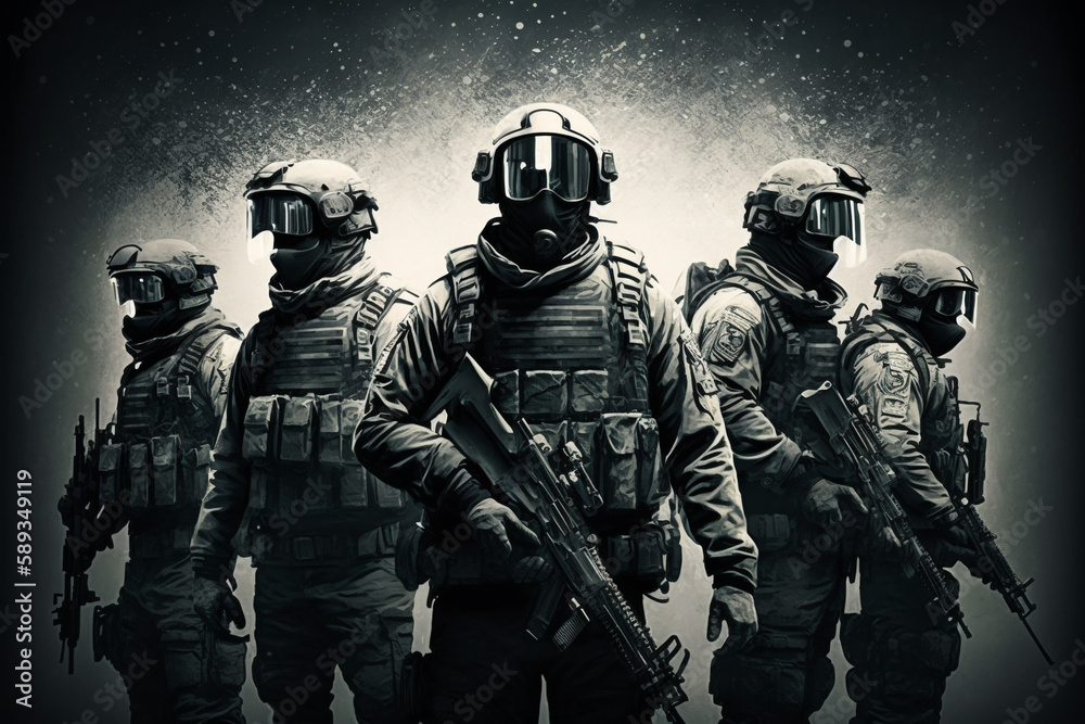 Group of special forces soldiers with assault rifle, Generative Ai Group of special forces soldiers with assault rifle, Generative Ai