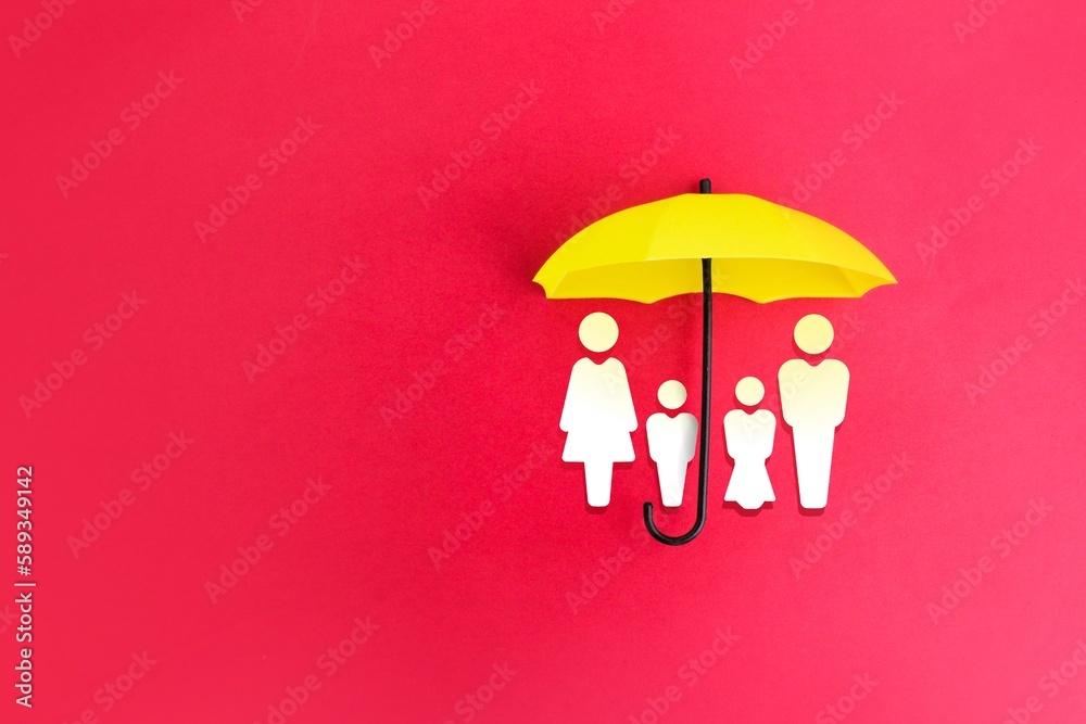 yellow umbrella with family icon below. the concept of family protection. Insurance coverage concept.