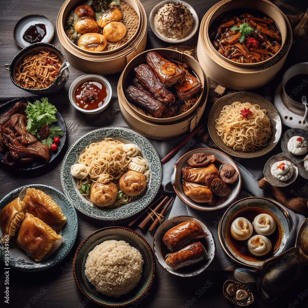 Assorted Chinese food set. Chinese noodles, fried rice, dumplings, peking duck, dim sum, spring rolls. Famous Chinese cuisine dishes on table. Top view. Chinese restaurant concept. Asian style banquet