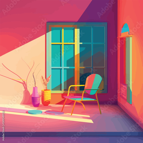 Sunlit Home: A Colorful Illustration of a House with Chairs and a Window