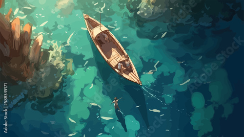 Reef Reflections: A Couple Fishing in a Boat with Underwater Crystals