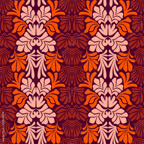 Red orange abstract background with tropical palm leaves in Matisse style. Vector seamless pattern with Scandinavian cut out elements.