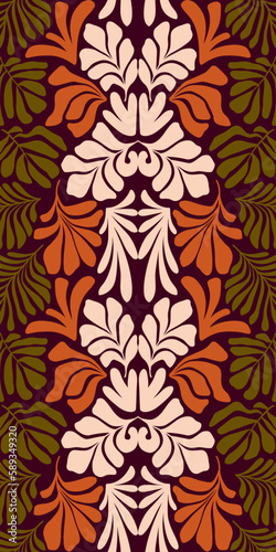 Terracotta green abstract background with tropical palm leaves in Matisse style. Vector seamless pattern with Scandinavian cut out elements.