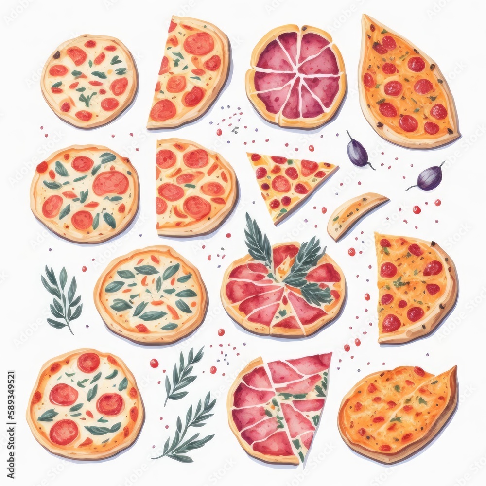 set of many different pizzas in watercolor artstyle. Generative AI set of many different pizzas in watercolor artstyle. Generative AI